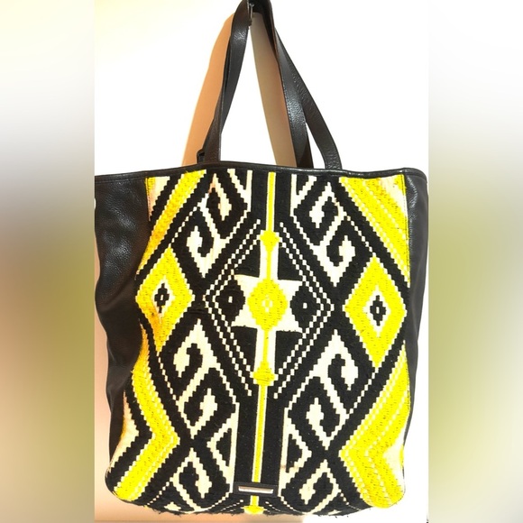 Rebecca Mankoff Black woven canvas  leather and Yellow Patterned Tote Bag - Picture 2 of 7